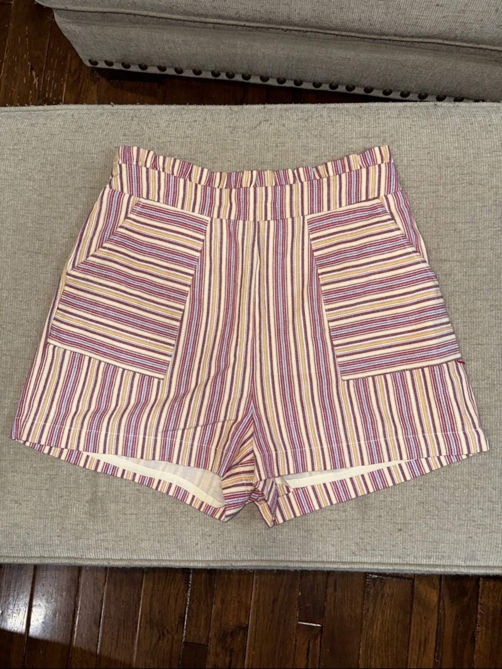 Miami Brand Striped High-Waist Linen Shorts in red, blue, yellow and Cream